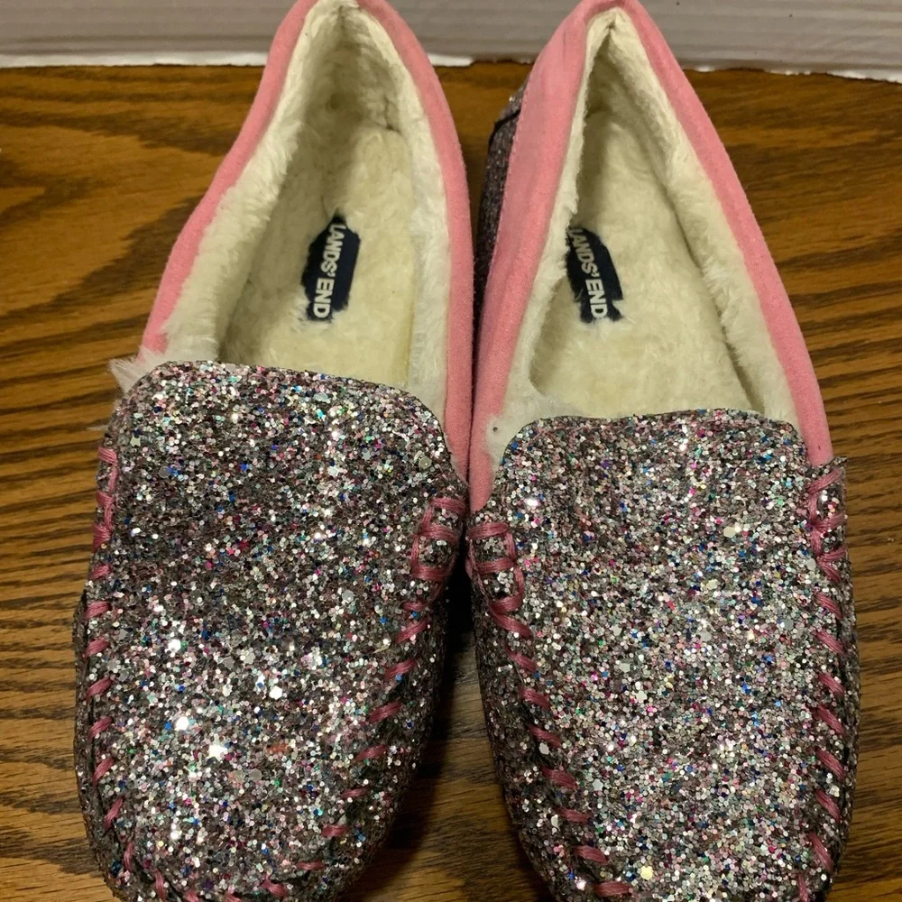 Lands' End Sparkling Glitter Pink and Silver size 4 Moccasins